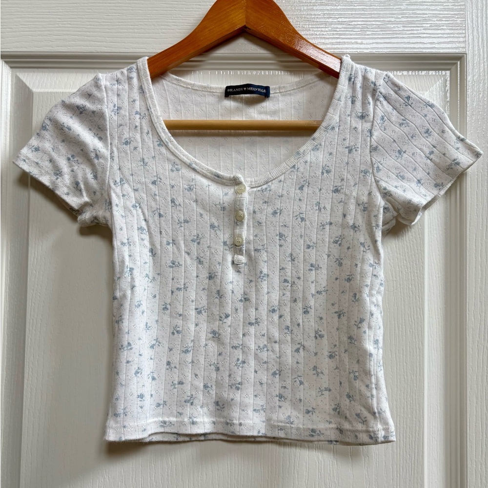 Brandy Melville White and Blue Floral Short Sleeve Top